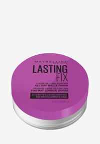 Contenitore circolare viola con base trasparente, etichettato "Lasting Fix Loose Setting Powder", con istruzioni per la finitura opaca e dettagli sul volume.
