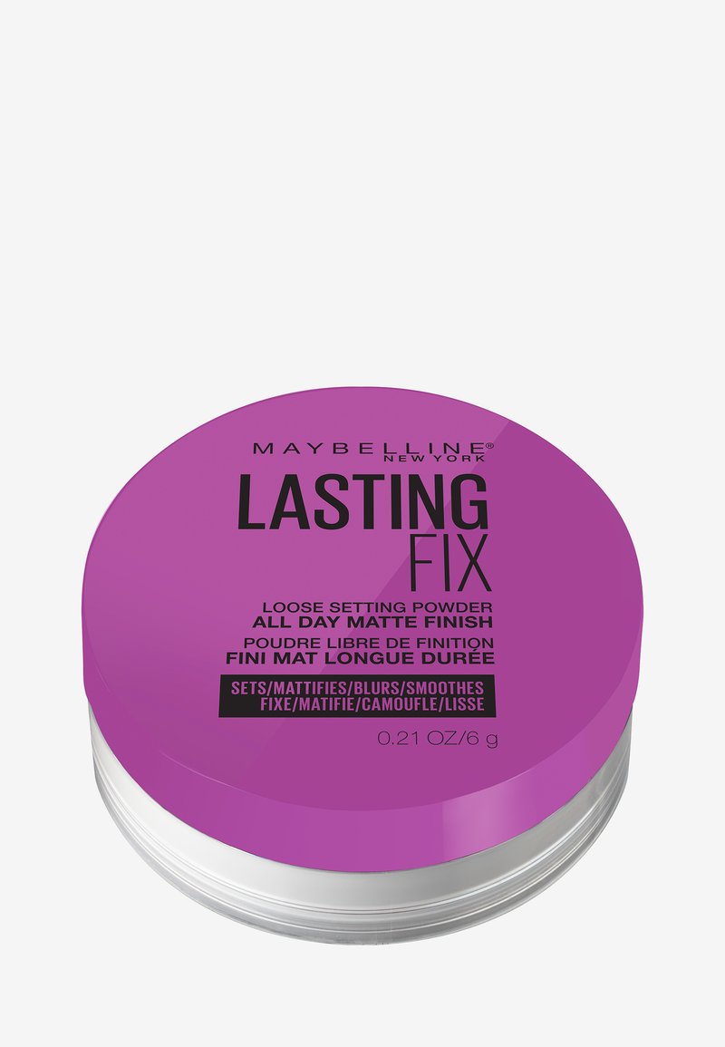Contenitore circolare viola con base trasparente, etichettato "Lasting Fix Loose Setting Powder", con istruzioni per la finitura opaca e dettagli sul volume.