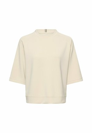 Beige Sweatshirt mit kurzen Ärmeln, Rundhalsausschnitt und lockerem Sitz, versehen mit einem leicht gekürzten Saum und minimalen Nahtdetails.