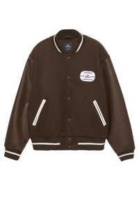 Hnědá univerzitní bunda s koženými rukávy, pruhovaným límcem a manžetami, dvě bíle lemované přední kapsy a nášivka "Sports Est. MCMXCI Competition".