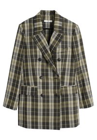 Tummanvihreä ja keltaruutuinen kaksirivinen bleiseri, jossa mustat napit, piikkilaput ja etutaskut. Kankaan pinta on teksturoitu.