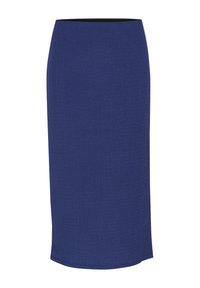 Sukňa v dĺžke po kolená, modrá, vyrobená z textúrovanej látky, s čiernym elastickým pásom a rovnou siluetou.