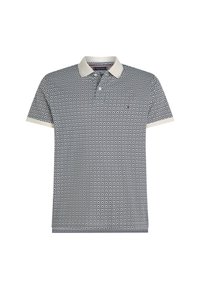 Camisa polo en navy con patrón de diamantes, cuello y puños en crema, tapeta de botones, mangas cortas y detalle de logotipo en el pecho.