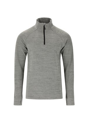 Grå halvdraget pullover i texturerat material, med långa ärmar, ståkrage och en svart dragkedja som accent.
