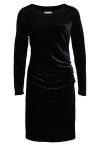 Robe en velours noir à manches longues, col rond et détails froncés à la taille. Texture lisse et coupe longueur genou.
