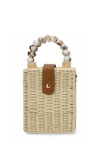 Bolso de paja tejido con forma cuadrada, color beige, correa de cuero marrón y un asa de cuentas con acentos en marrón y crema.