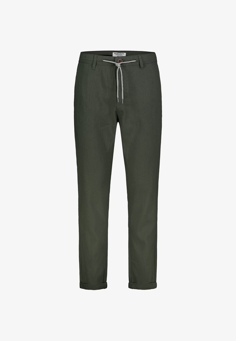Green linen trousers with a relaxed fit, featuring a drawstring waist, rolled cuffs, and a smooth texture. Suitable for casual wear.