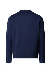 Granatowy sweter z długim rękawem z prążkowanymi mankietami i krawędzią, pokazany od tyłu na białym tle.