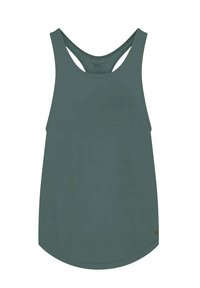 Grünes Tanktop mit abgerundetem Saum, Racerback-Design und weichem, glattem Stoff. Mit einem kleinen Logotag unten links.