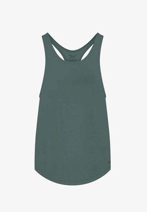 Grünes Tanktop mit abgerundetem Saum, Racerback-Design und weichem, glattem Stoff. Mit einem kleinen Logotag unten links.