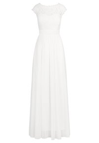 Witte jurk met korte kantennaden, aansluitende lijfje en vloeiende chiffon rok. Gestructureerde kantdetails op de bovenkant, zachte en lichtgewicht stof.