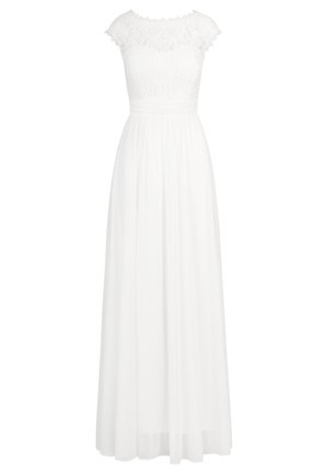 Weißes Kleid mit kurzen Spitzenärmeln, tailliertem Oberteil und fließendem Chiffonrock. Strukturierte Spitzendetails am Oberteil, weicher und leichter Stoff.