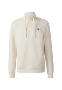 Pulóver de media cremallera en color beige claro, fabricado en suave algodón, con un pequeño logo en el pecho, cordón ajustable en el cuello y puños acanalados.