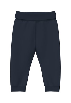 Granatowe spodnie dresowe dla malucha z elastycznym pasem i ściągaczami, wykonane z miękkiego i wygodnego materiału.