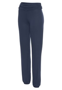 Marineblauwe loungebroeken met een geplooide, elastische tailleband, rechte pijpen en een gladde, zachte textuur. Geen zakken of zichtbare hardware.