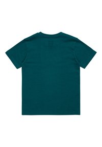Teal bomulds T-shirt med rund halsudskæring, korte ærmer og en ensfarvet ryg. Glat tekstur uden synlige mønstre eller accenter.