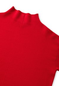 Red knit top featuring a high neckline and short sleeves; smooth texture with a fitted shape and a subtle seam detail running down the back.