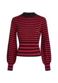 Rot- und schwarzgestreifter Strickpullover mit hohem Kragen, langen Ärmeln und geripptem Saum. Besitzt gepuffte Ärmel und einen figurbetonten Schnitt.