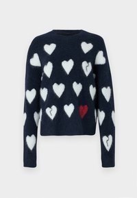 Maglione navy in materiale morbido, con motivo di cuori bianchi e uno rosso. Collo rotondo, maniche lunghe, design cropped.