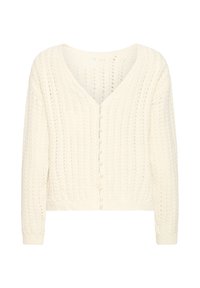 Cardigan tricoté de couleur crème avec un col en V, des manches longues, et de petits boutons ronds sur le devant.