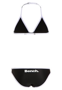 Black bikini set, featuring a triangular top with white trim and a bottom marked with "Bench." in white, made from smooth, stretch material.