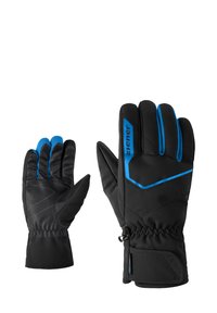 Black winter gloves with blue accents, featuring a textured palm, elastic wrist, and reinforced stitching. Designed for warmth and grip.