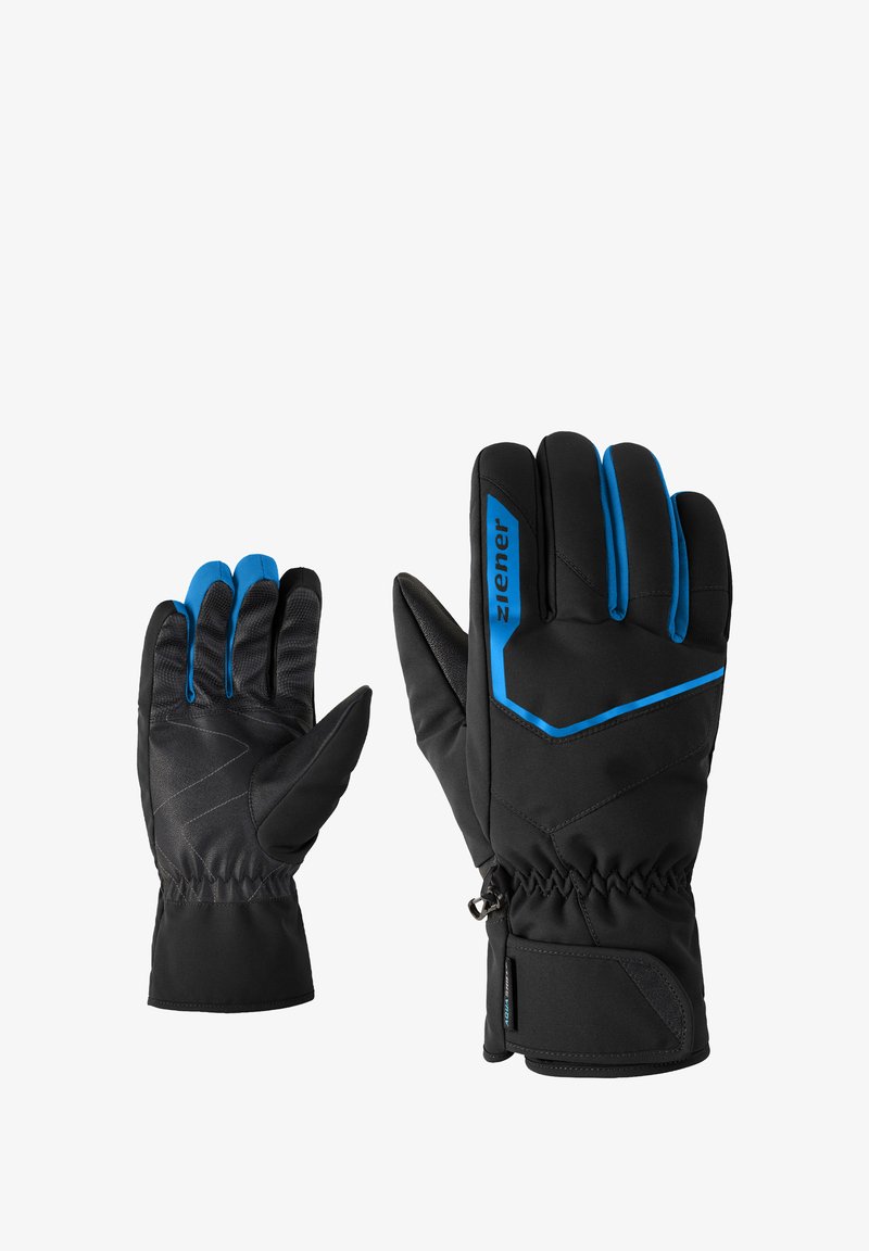 Black winter gloves with blue accents, featuring a textured palm, elastic wrist, and reinforced stitching. Designed for warmth and grip.