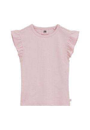 Hellrosa geripptes Kleinkindshirt mit kurzen Rüschenärmeln und rundem Ausschnitt, Größe 122/128, Etikett im Kragen sichtbar.