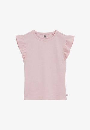 Camiseta para niño pequeño color rosa claro acanalada, con mangas cortas con volantes y cuello redondo, talla 122/128 con etiqueta visible dentro del cuello.