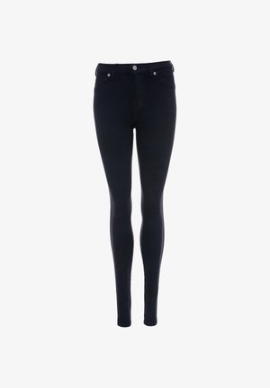 Black skinny jeans made of stretchy fabric, featuring a fitted silhouette, five-pocket design, and front button closure.