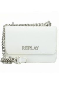 Valge nahast käekott hõbedase kettidega rihmaga, millel on klapikinnitus ja esiküljel metallist "REPLAY" logo.
