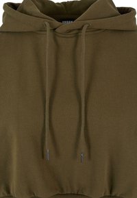 Olive green cropped hoodie with a drawstring hood, featuring a smooth texture and silver hardware accents for the drawstrings.