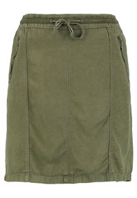Jupe en coton verde olive avec taille à cordon, deux poches zippées latérales et une coupe droite. Texture lisse avec des bords d'ourlet renforcés.