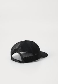 Black baseball cap with a solid front and a mesh back, featuring a curved brim and adjustable snap closure for sizing.