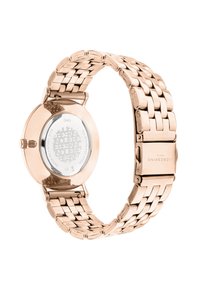 Roze gouden metalen polshorloge met een geschakelde armband, ronde kast en een doorzichtige glazen achterkant die interne details toont. Stijlvol en modern ontwerp.