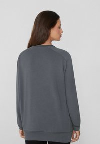 Graues Sweatshirt mit langen Ärmeln und Rundhalsausschnitt, mit gerippten Bündchen und Saum. Es hat eine glatte Textur und einen lockeren Schnitt und wird von hinten gezeigt.