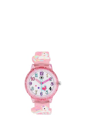 Pinkfarbene Kinderuhr mit bunten Zahlen, beschrifteten Stunden- und Minutenzeigern, Schmetterlings- und Sternverzierungen sowie Einhorn-Designs am Armband.