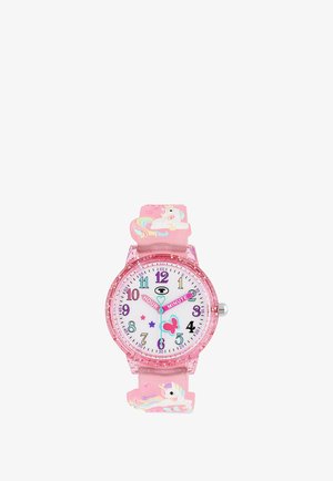 Pinkfarbene Kinderuhr mit bunten Zahlen, beschrifteten Stunden- und Minutenzeigern, Schmetterlings- und Sternverzierungen sowie Einhorn-Designs am Armband.