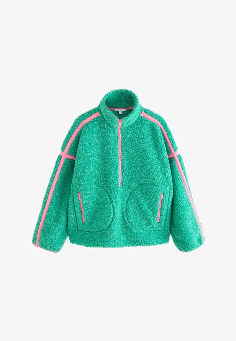 Green fleece jacket with pink zipper and stripe details, two front zippered pockets, and a high collar.