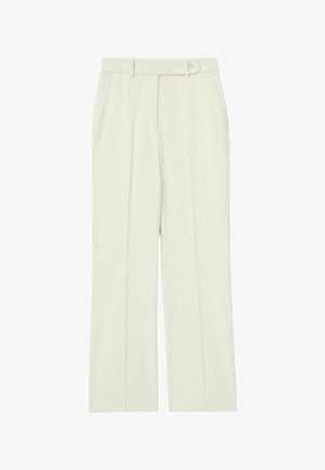 Pantaloni a gamba larga color crema con chiusura a bottone, frontale plissettato e tasche laterali; realizzati in un tessuto morbido con un design strutturato.