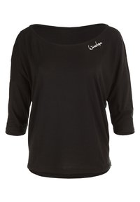 Black, loose-fitting top with three-quarter sleeves, wide neckline, and "Winshape" logo in white on the upper left side. Soft material.