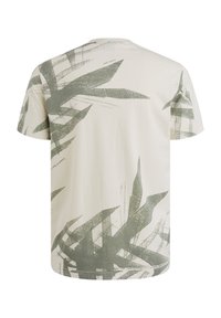 T-shirt beige à manches courtes avec un motif de feuilles vertes. Fabriqué en coton doux, il offre une coupe décontractée et un col rond.