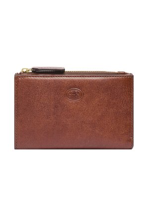 Brown leather wallet with embossed logo on front and top zipper closure with gold-toned pull tab against white background.