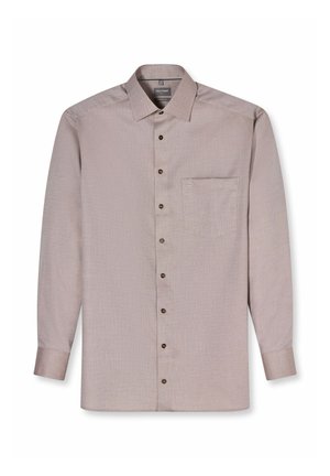 Hellbraunes Herrenhemd mit langen Ärmeln, Knopfverschluss, spitzem Kragen, Brusttasche und sichtbaren braunen Knöpfen vorne.