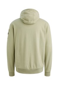 Felpa con cappuccio in cotone verde chiaro, caratterizzata da una tasca a marsupio, polsini e orlo a costine, e un design minimalista senza marchi visibili.