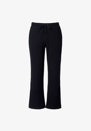 Sorte bomulds sweatpants med en afslappet pasform, elastisk talje, justerbar snøre og ensartet design. Ingen synlige lommer eller mønstre.