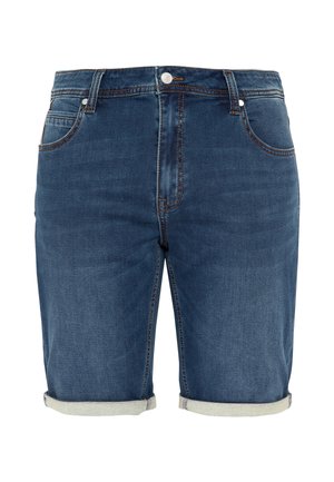 Blå denimshorts med opsmøgede kanter, lynlås foran, to forlommer, bæltestropper og synlige brune syninger, vist på en enkel baggrund.