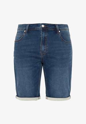 Blå denimshorts med opsmøgede kanter, lynlås foran, to forlommer, bæltestropper og synlige brune syninger, vist på en enkel baggrund.