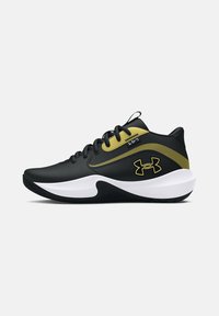 Scarpa sportiva nera con una finitura texture, dettagli dorati e suola bianca. Presenta un logo prominente e un classico design con lacci.