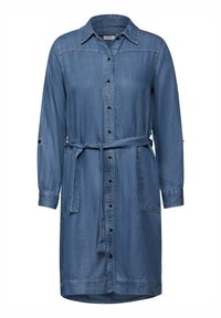 Denim skjortklänning i medelblå, har en knäppning framtill, långa ärmar med manschettdetaljer, midjebälte och två sidfickor.